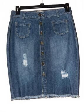 Democracy Women's Denim Button-Front Skirt Size 4 with Distressed Details